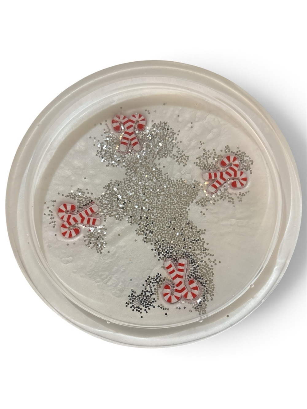 NORE’S NOVELTIES Handcrafted Round Decorative Clear-Rimmed Tray “GLITTER CANE 2”